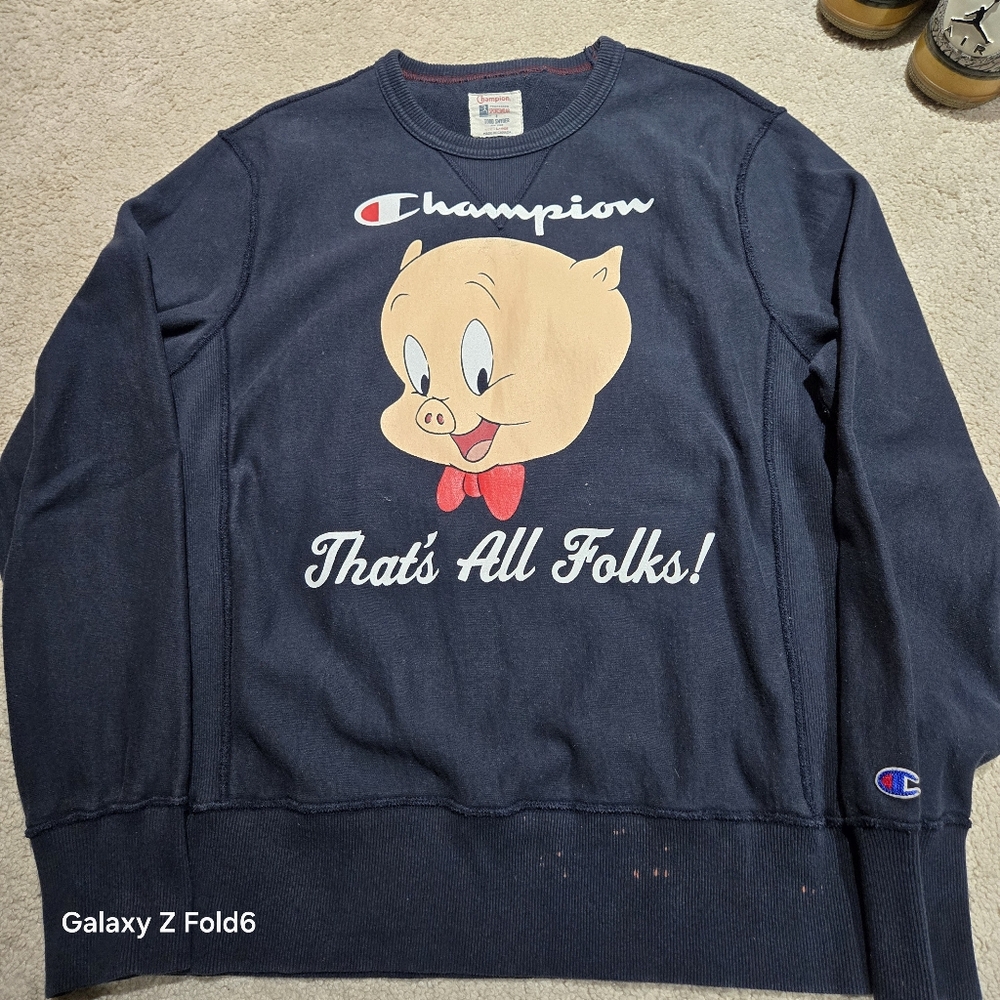 Champion × Todd Snyder Looney Tunes Porky Pig Dark Blue Sweater Men’s Size L.